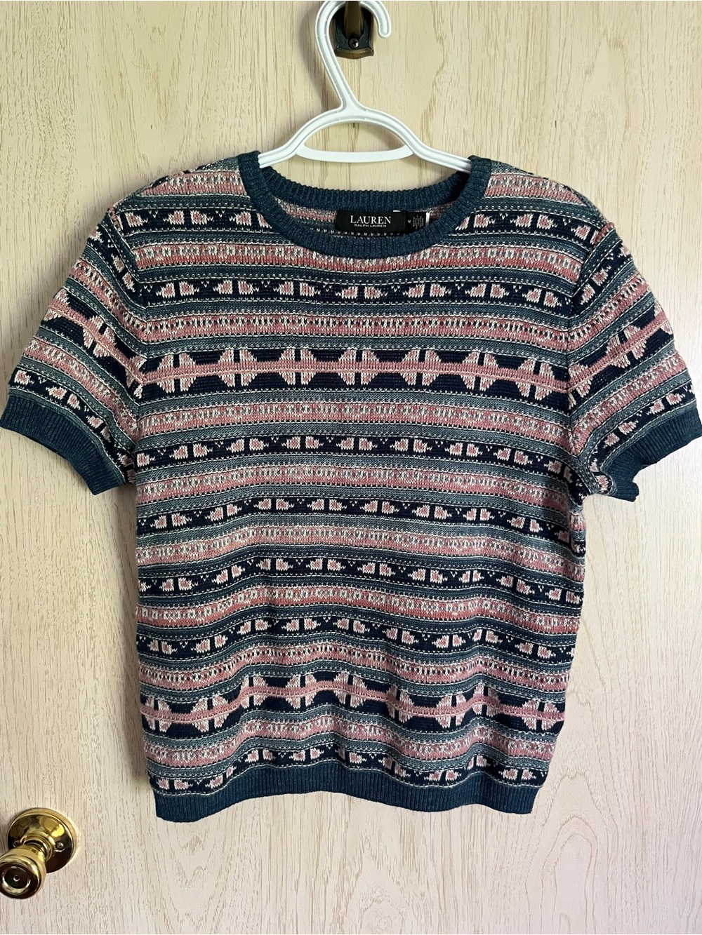 LAUREN Ralph Lauren Black Label Geo-Motif Short Sleeve Jumper Sweater Size M